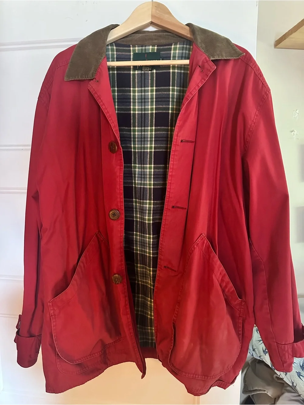 J. Crew Vintage Mens Red Barn Jacket with Brown Corduroy Collar - Size Medium